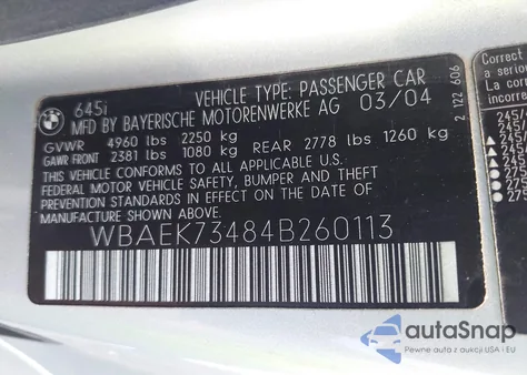 2004 BMW 645Ci z USA, uszkodzony, nr VIN WBAEK73484B260113